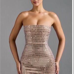 Oh Polly Aurora
Embellished Bandeau Mini Dress in Almond